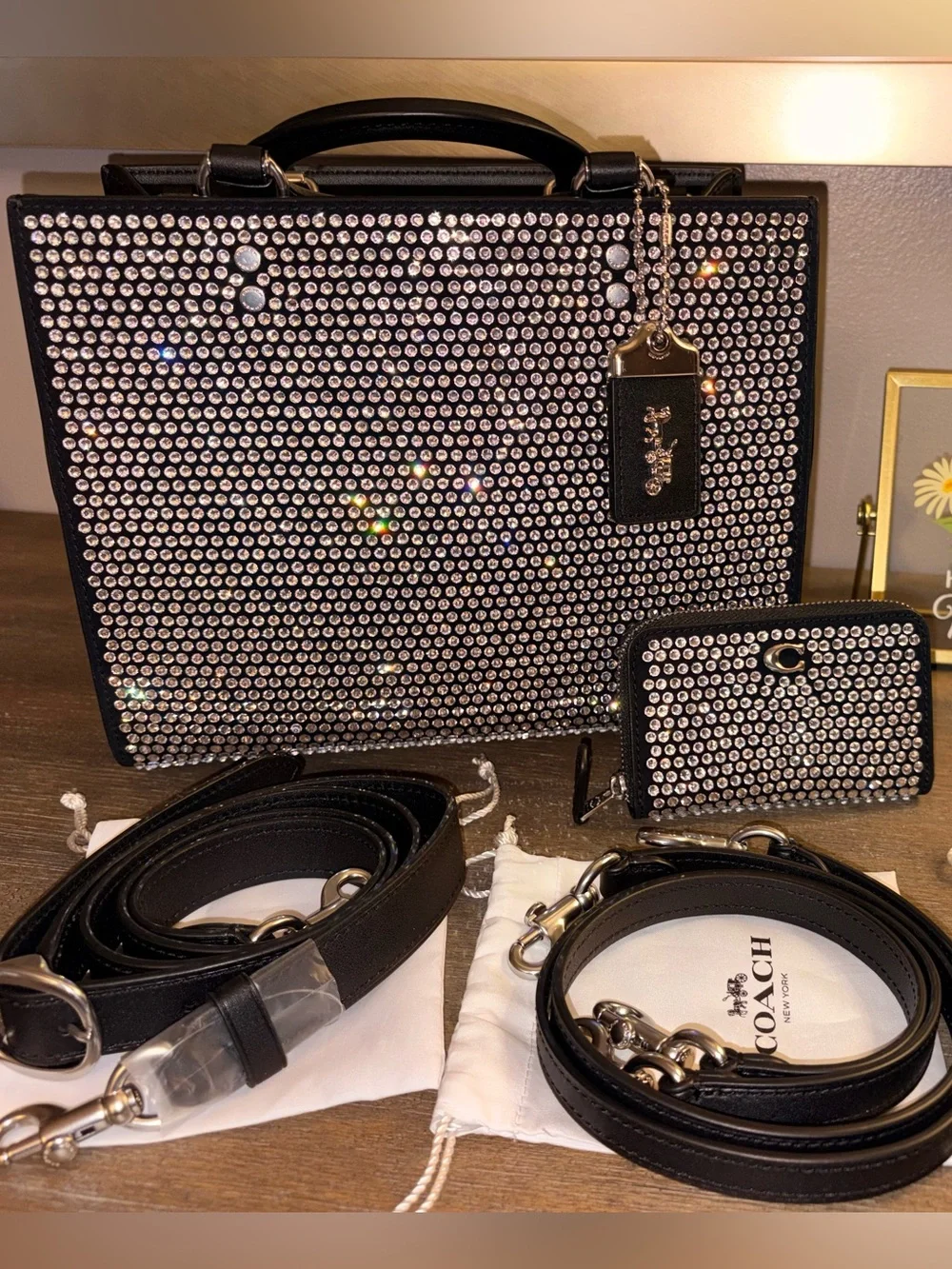 Coach Black Crystal-Embellished Card Holder & Carry Case Set